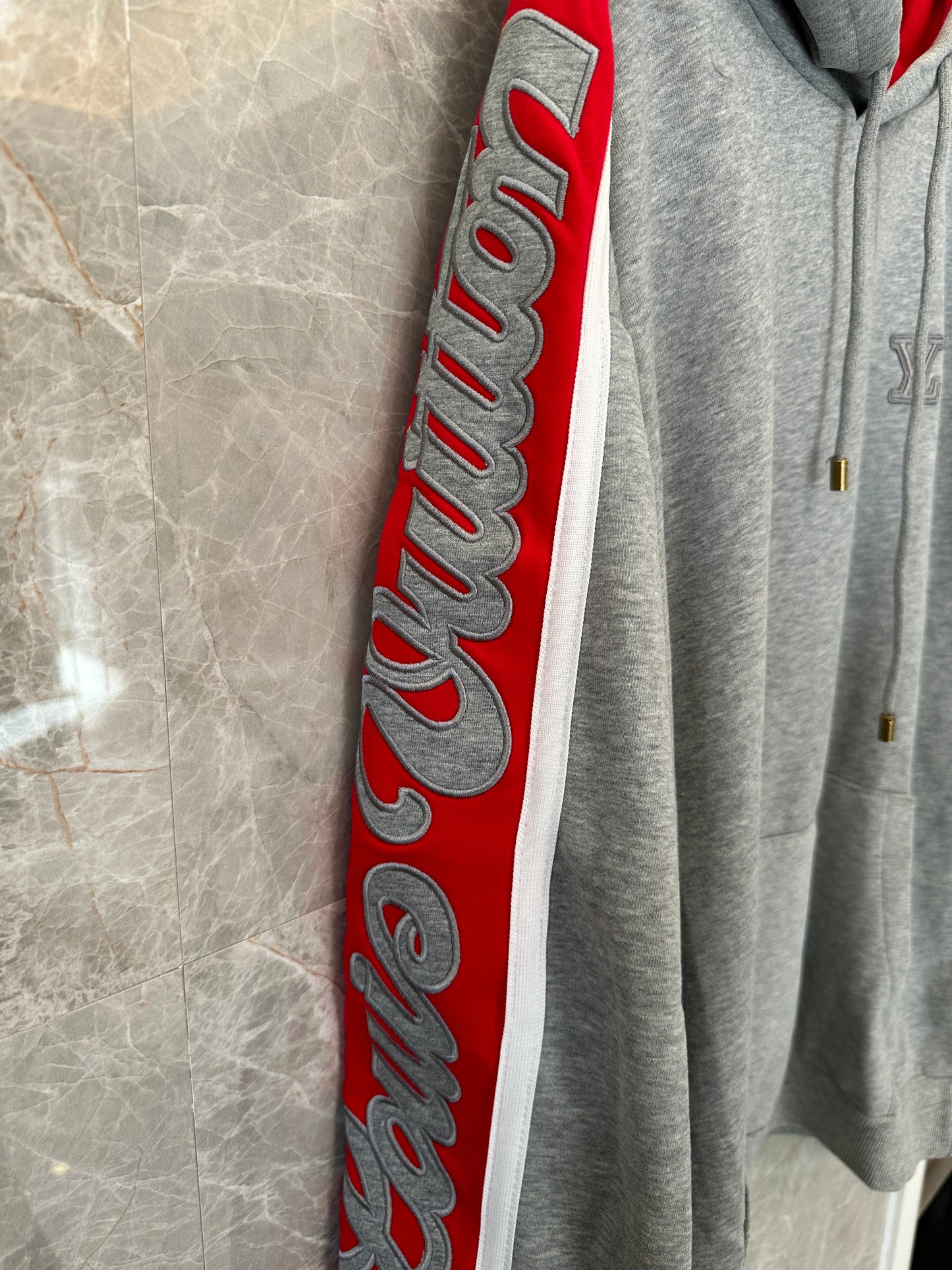 Louis Vuitton Grey & Red Logo Stripe Contrast Hoodie