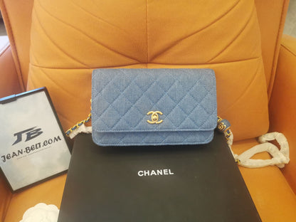 Carteira Chanel WOC com corrente, bolsa de mão AP1450 Jeans azul