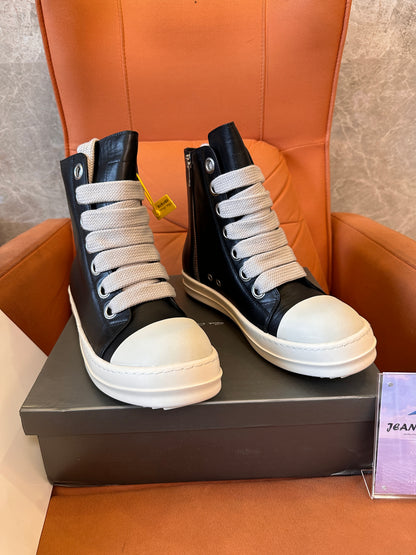 Rick Owens High-Top Leather Sneakers with Beige Laces