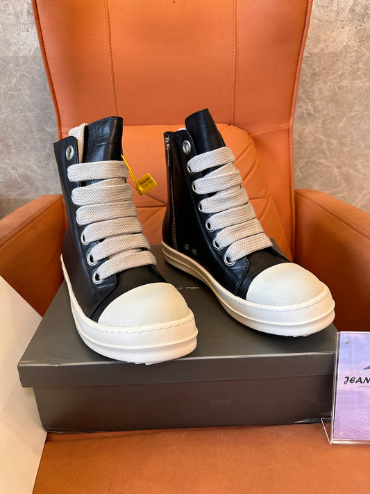 Rick Owens High-Top Leather Sneakers with Beige Laces
