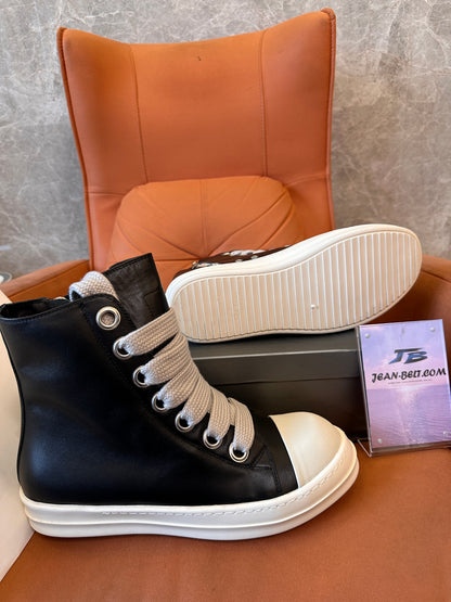 Rick Owens High-Top Leather Sneakers with Beige Laces