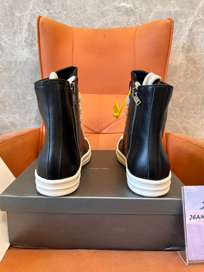 Rick Owens High-Top Leather Sneakers with Beige Laces