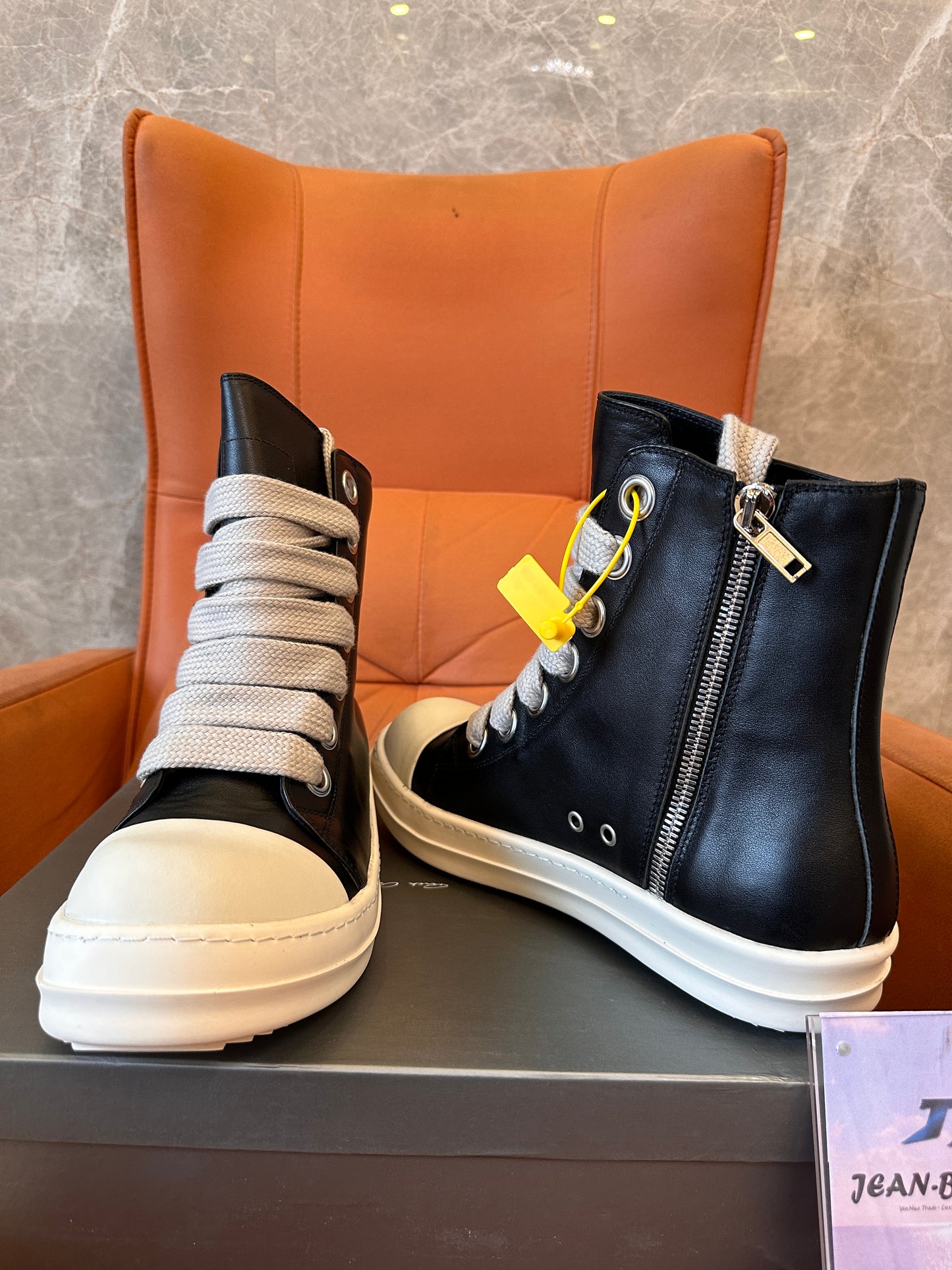 Rick Owens High-Top Leather Sneakers with Beige Laces