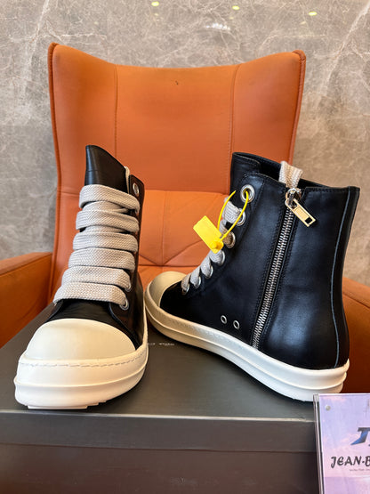 Rick Owens High-Top Leather Sneakers with Beige Laces