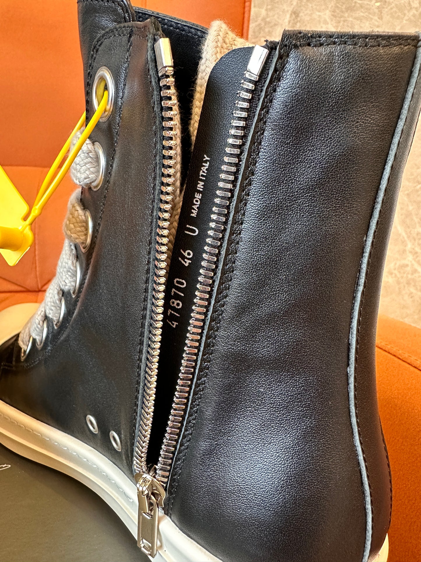 Rick Owens High-Top Leather Sneakers with Beige Laces