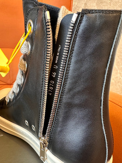 Rick Owens High-Top Leather Sneakers with Beige Laces