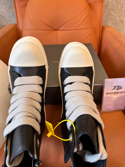 Rick Owens High-Top Leather Sneakers with Beige Laces