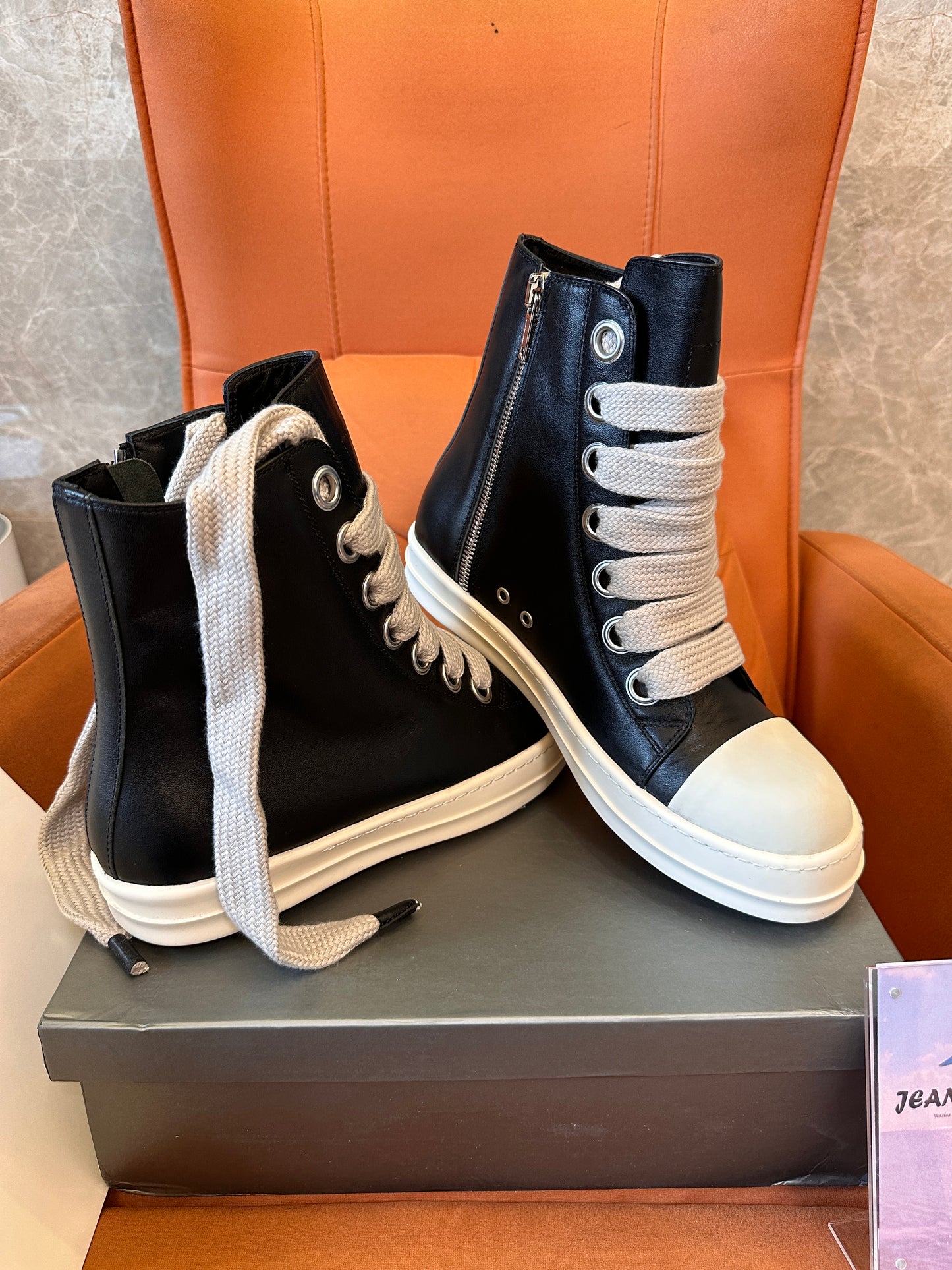Rick Owens High-Top Leather Sneakers with Beige Laces
