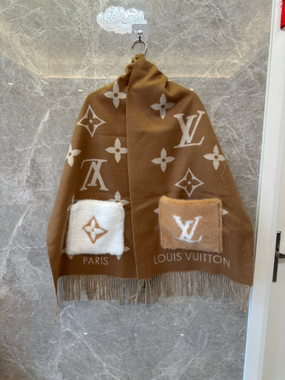 Louis Vuitton Monogram Wool Scarf with Fur Pockets – Camel & Cream