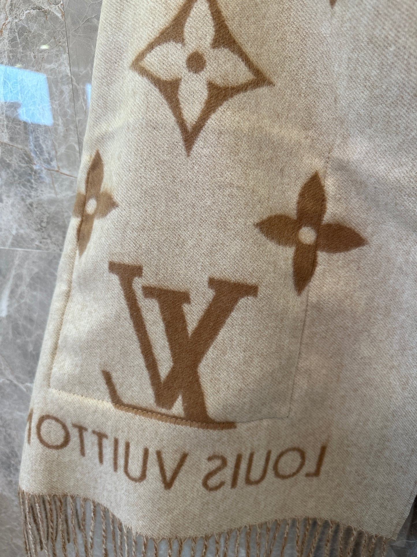Louis Vuitton Monogram Wool Scarf with Fur Pockets – Camel & Cream