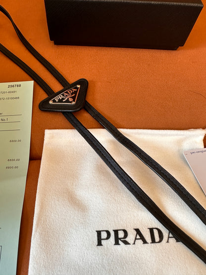 Prada Logo Plaque Leather Bolo Tie – Western-Inspired Accessory