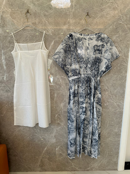 Dior Toile de Jouy Printed Two-Piece Dress Set – Blue and White Chiffon