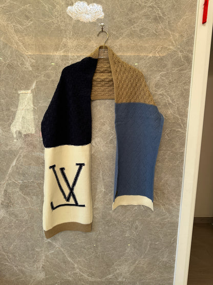 Louis Vuitton Color-Block Wool Scarf – Navy, Camel & Blue Knit with LV Logo