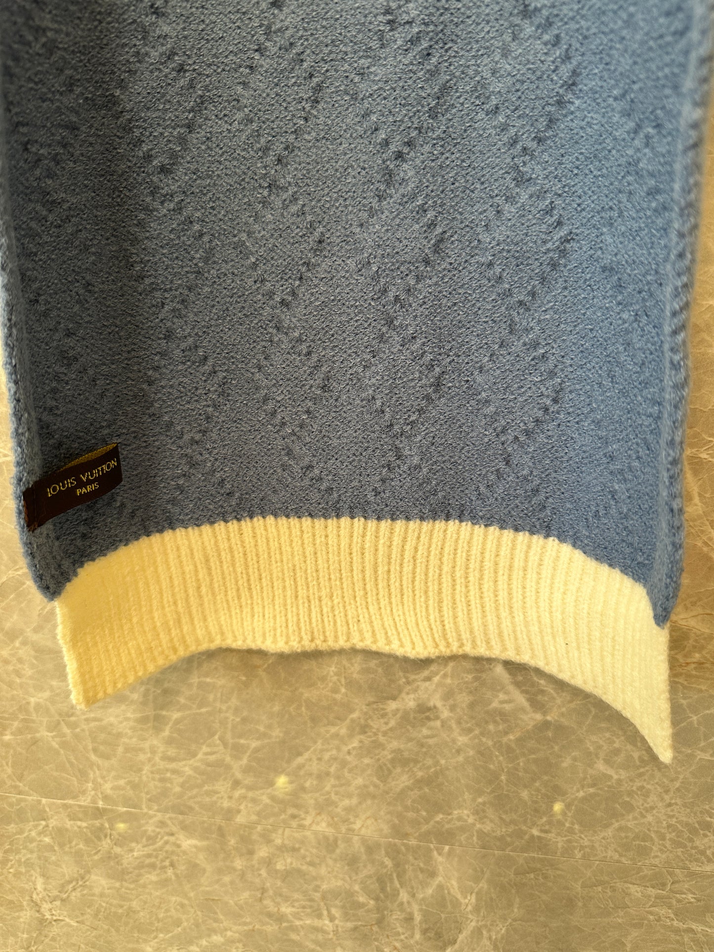 Louis Vuitton Color-Block Wool Scarf – Navy, Camel & Blue Knit with LV Logo