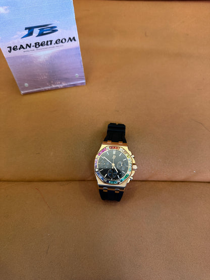 Audemars Piguet Royal Oak Offshore Cronógrafo – Bisel Arco-Íris em Ouro Rosa, Mostrador Preto, Correia de Borracha