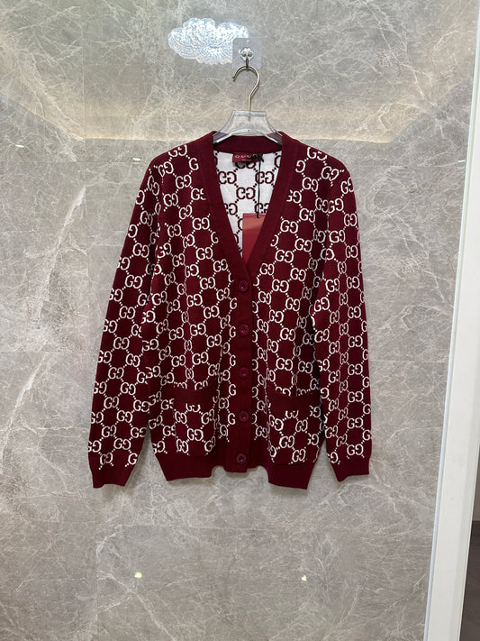 Gucci Burgundy GG Monogram Knit Cardigan