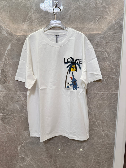 Camiseta blanca de algodón Loewe con motivo bordado de palmera y elefante