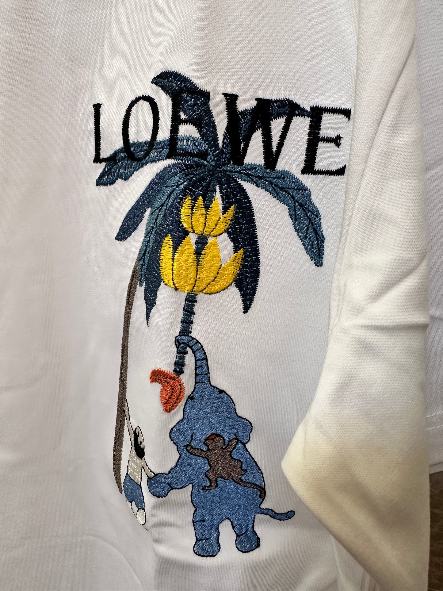 Loewe White Cotton T-shirt with Embroidered Palm Tree and Elephant Motif