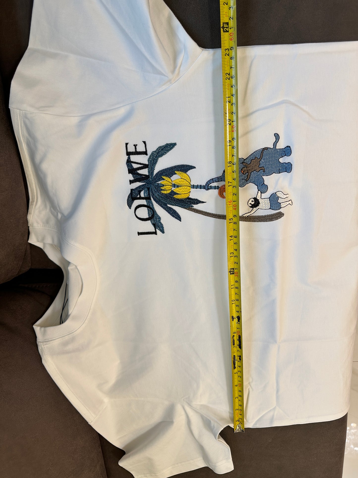 Loewe White Cotton T-shirt with Embroidered Palm Tree and Elephant Motif