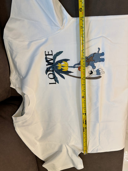 Loewe White Cotton T-shirt with Embroidered Palm Tree and Elephant Motif
