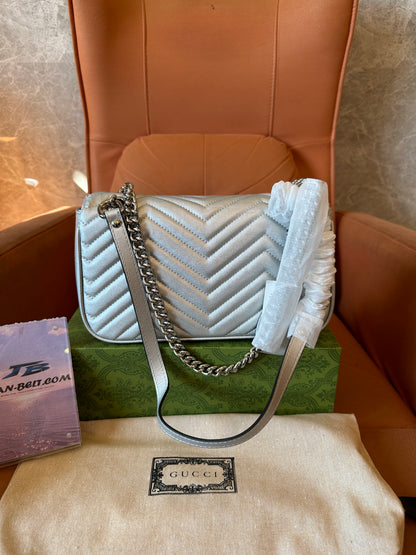 Gucci GG Marmont Small Metallic Silver Shoulder Bag