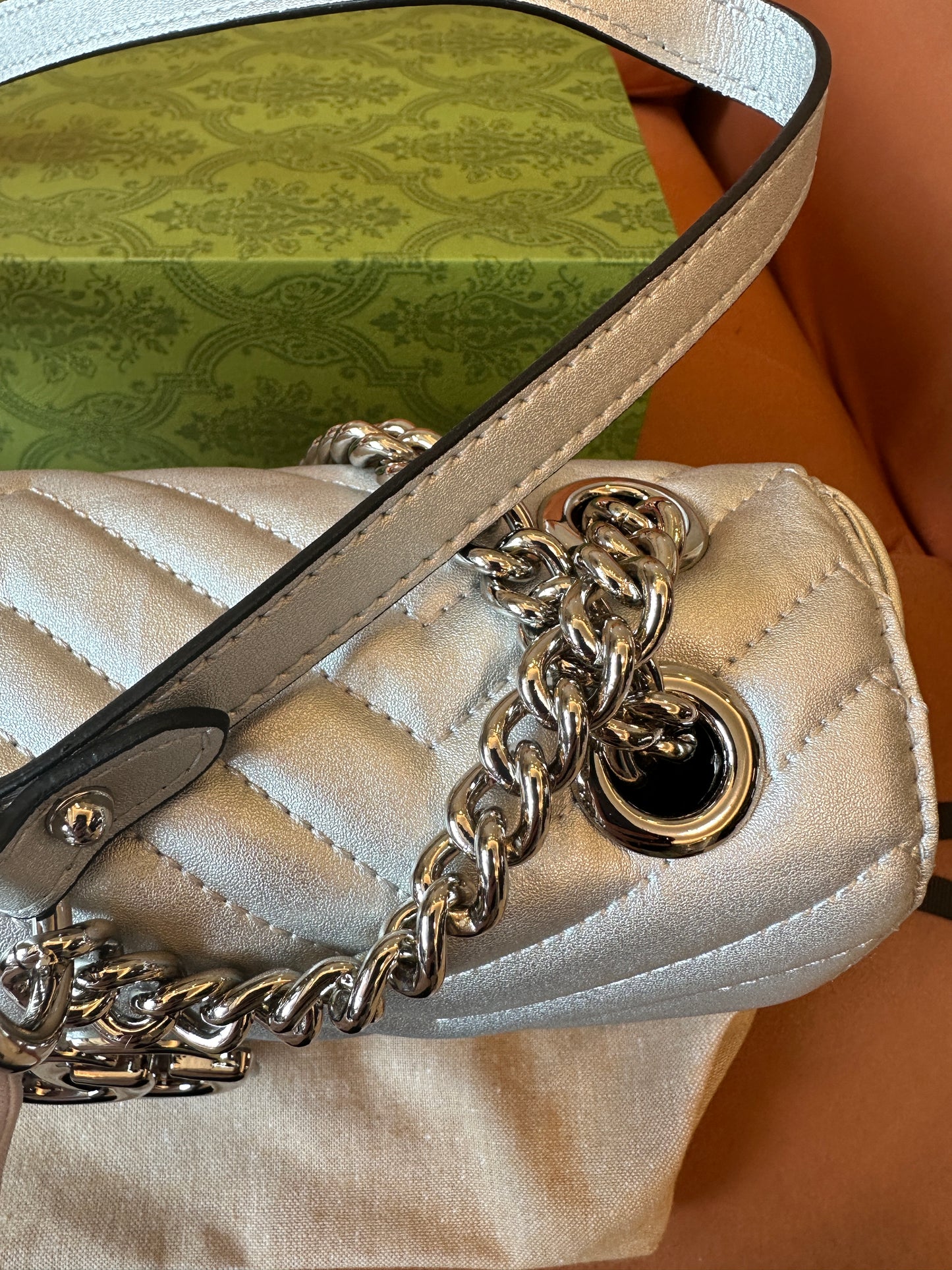 Gucci GG Marmont Small Metallic Silver Shoulder Bag