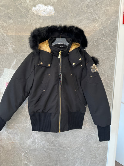 Moose Knuckles Women’s Short Down Jacket with Fur Hood – Black