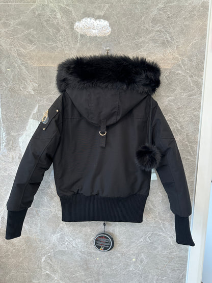 Moose Knuckles Women’s Short Down Jacket with Fur Hood – Black