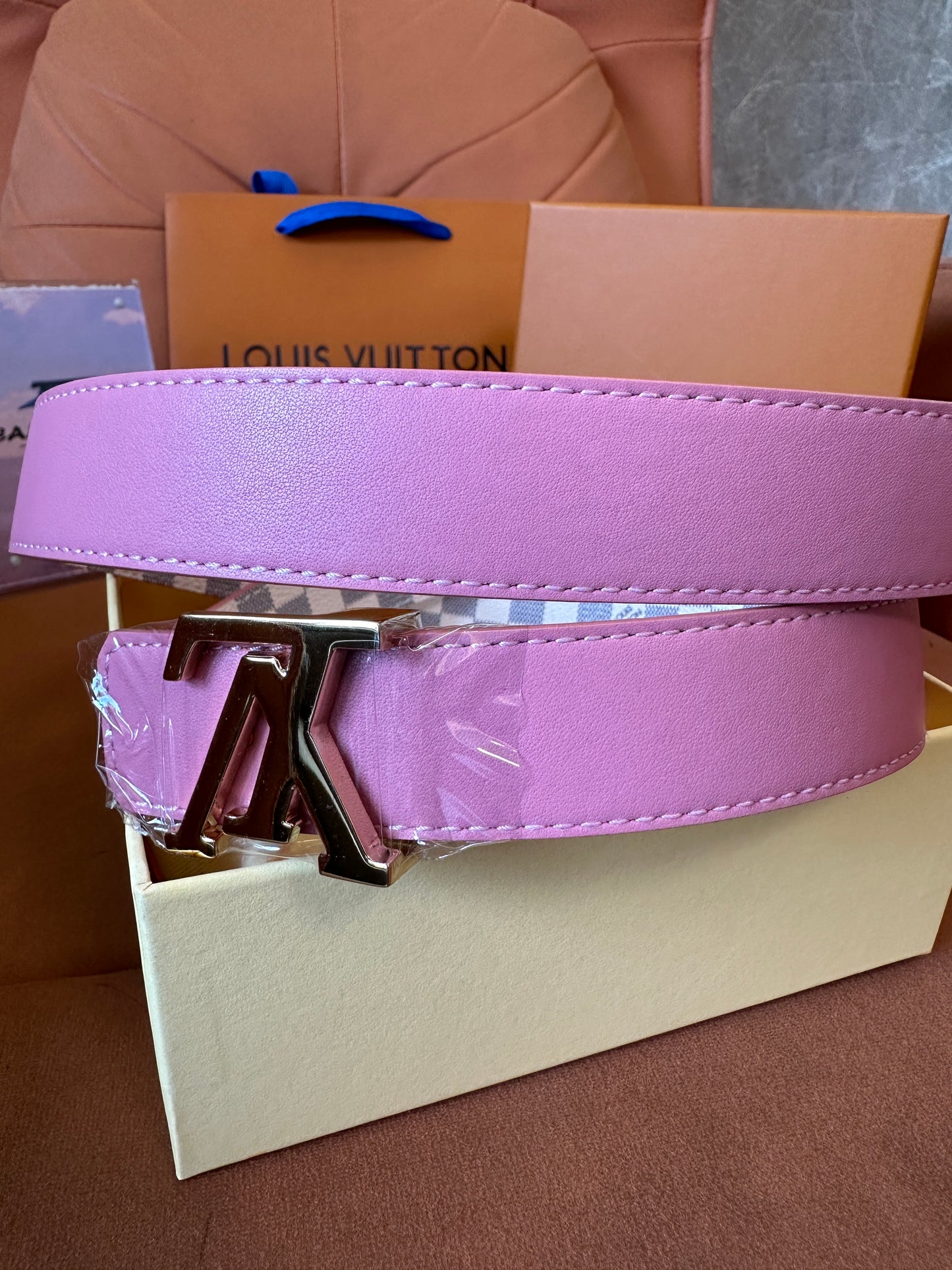 Louis Vuitton Damier Azur Reversible Belt – Pink