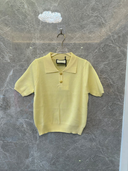 Gucci Yellow Short-Sleeve Knit Polo Top with Gold Buttons