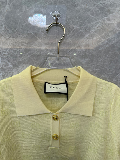 Gucci Yellow Short-Sleeve Knit Polo Top with Gold Buttons