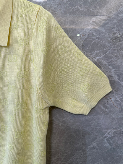 Gucci Yellow Short-Sleeve Knit Polo Top with Gold Buttons