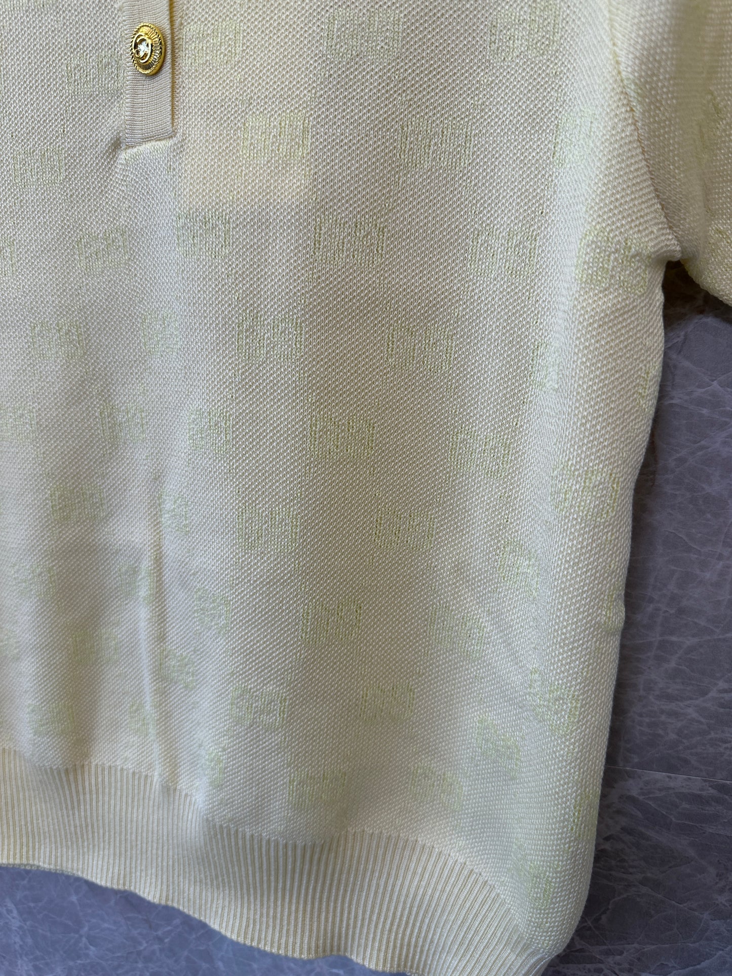 Gucci Yellow Short-Sleeve Knit Polo Top with Gold Buttons