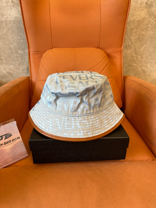 Versace Logo Jacquard Bucket Hat – Blue Grey Monogram with Leather Trim