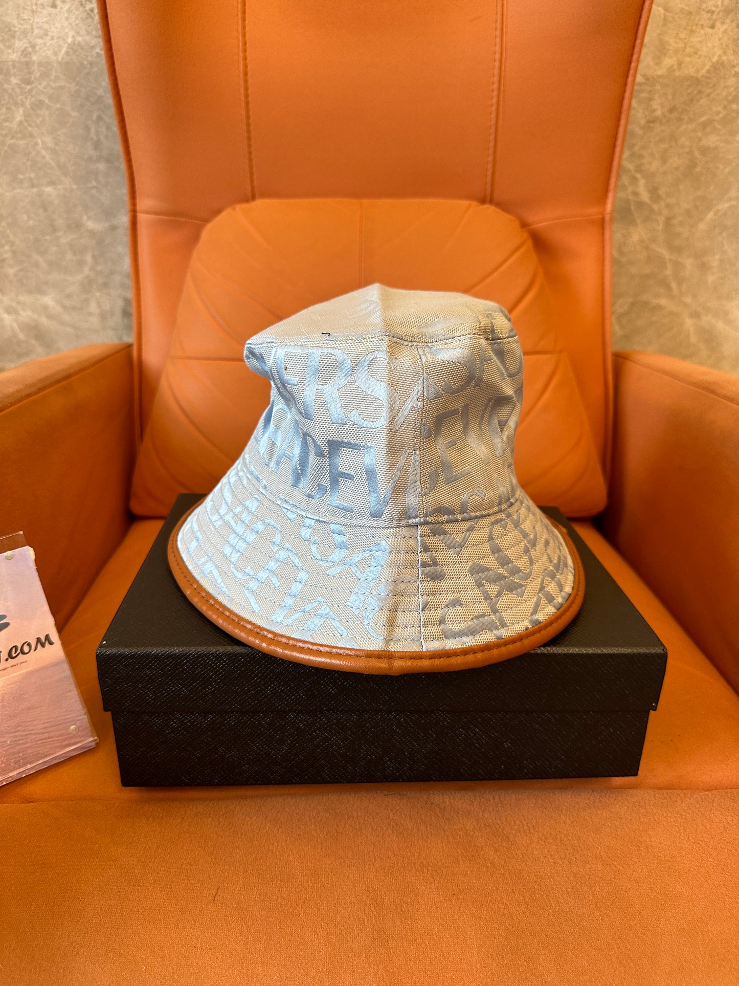 Versace Logo Jacquard Bucket Hat – Blue Grey Monogram with Leather Trim