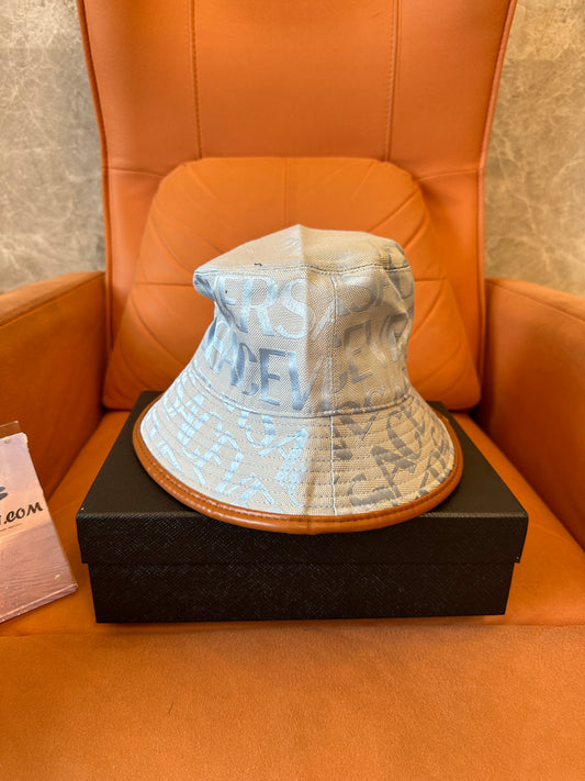 Versace Logo Jacquard Bucket Hat – Blue Grey Monogram with Leather Trim