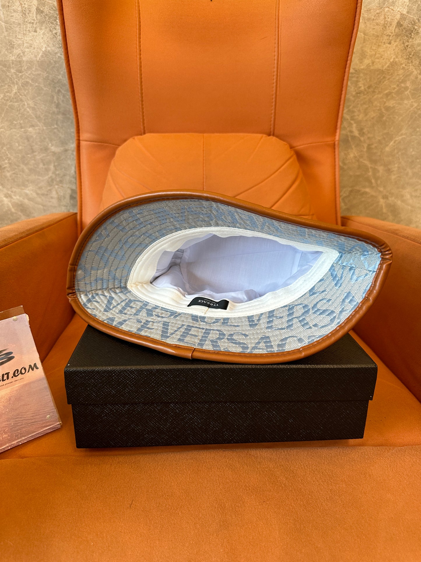 Versace Logo Jacquard Bucket Hat – Blue Grey Monogram with Leather Trim