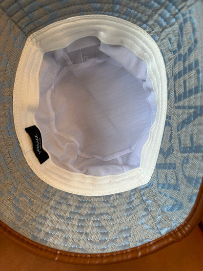 Versace Logo Jacquard Bucket Hat – Blue Grey Monogram with Leather Trim