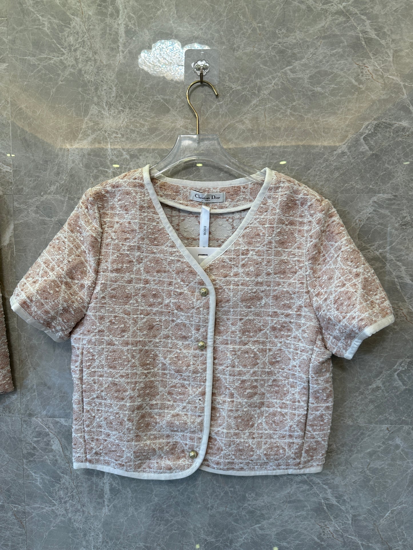 Conjunto de dos piezas en rosa Toile de Jouy de Dior: chaqueta de manga corta y minifalda de corte A