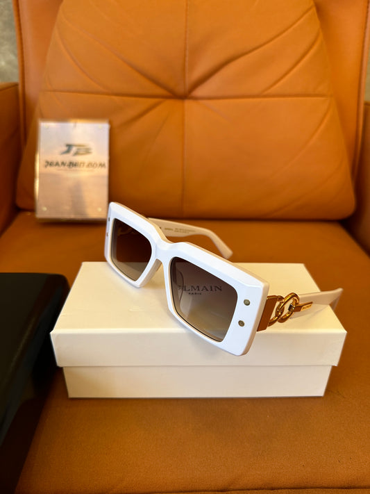 Balmain Imperial White Sunglasses – Gold Chain Detail, Square Frame