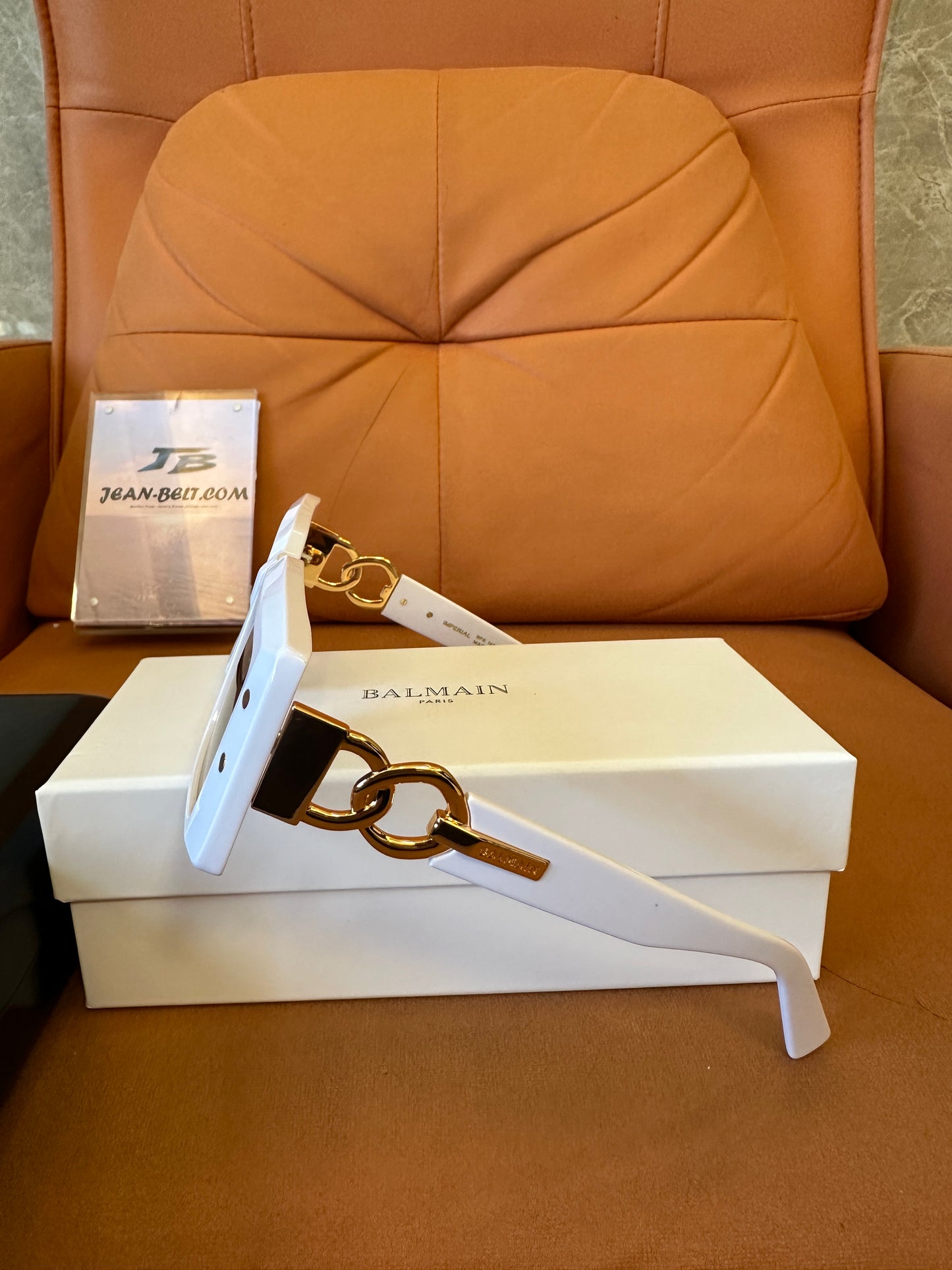 Balmain Imperial White Sunglasses – Gold Chain Detail, Square Frame