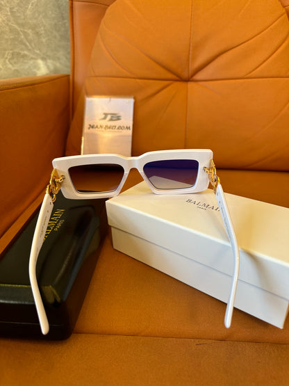 Balmain Imperial White Sunglasses – Gold Chain Detail, Square Frame