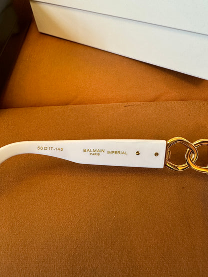 Balmain Imperial White Sunglasses – Gold Chain Detail, Square Frame