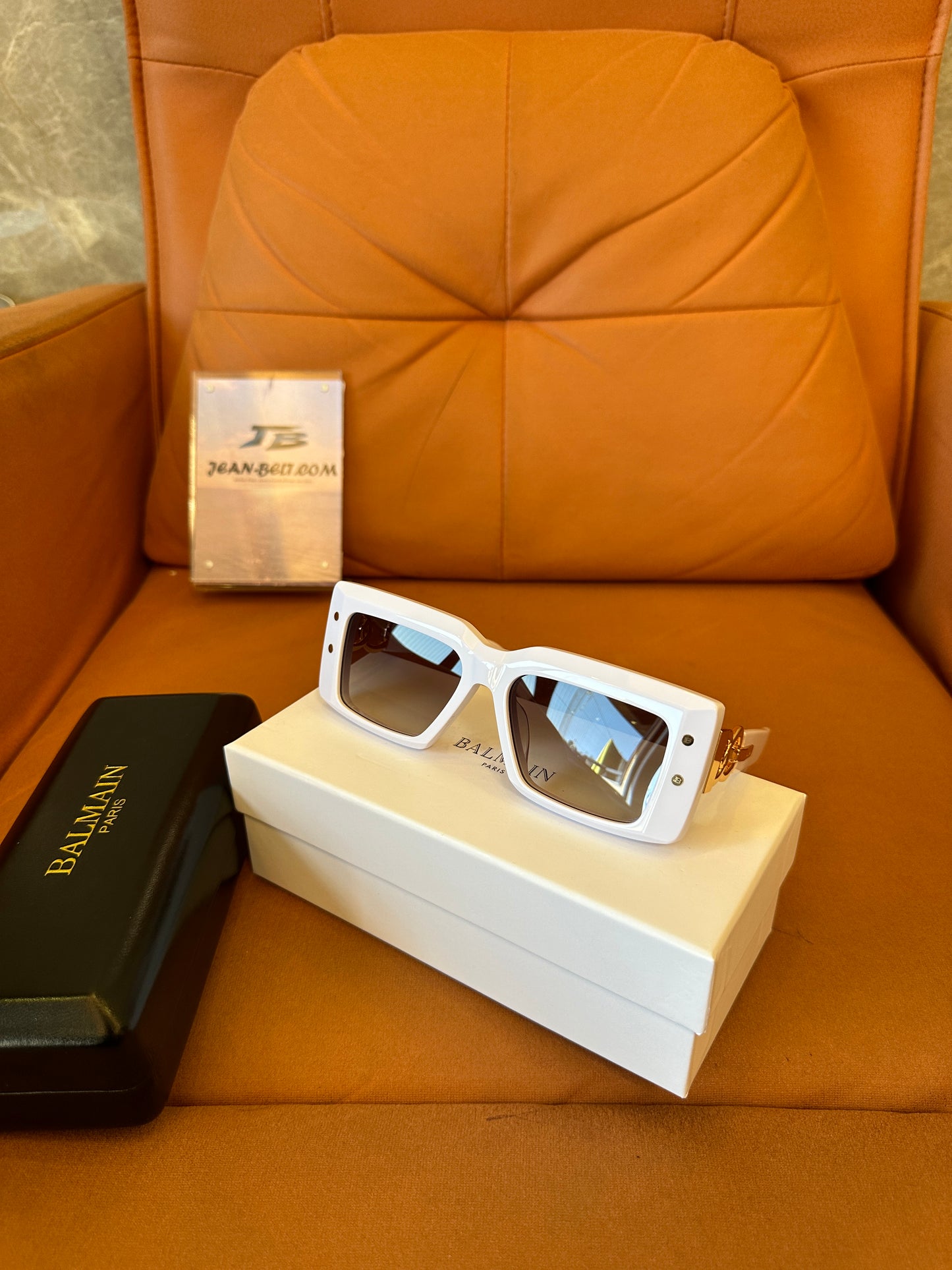 Balmain Imperial White Sunglasses – Gold Chain Detail, Square Frame