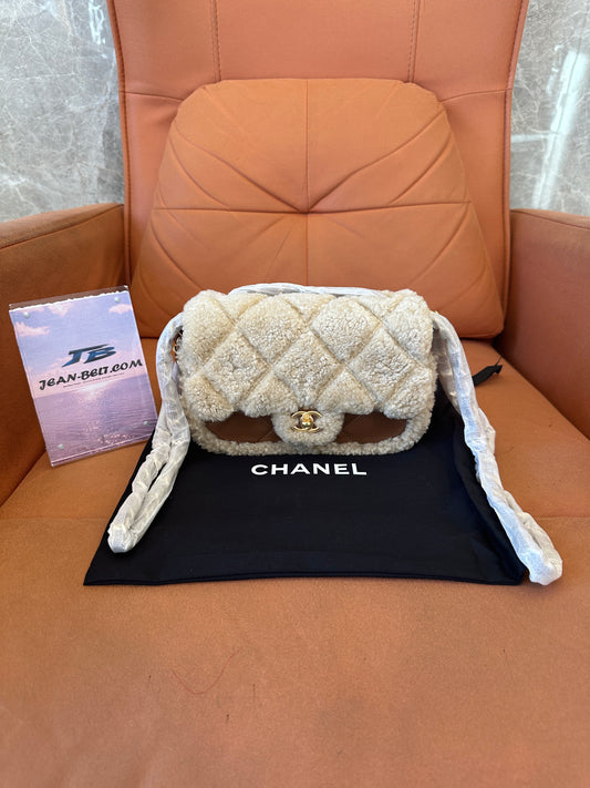 Chanel Shearling Quilted Flap Bag with Chain Strap