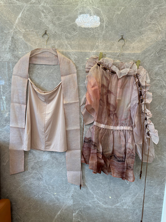 Zimmermann Ruffled Silk Dress with Waist Tie in Earthy Tones