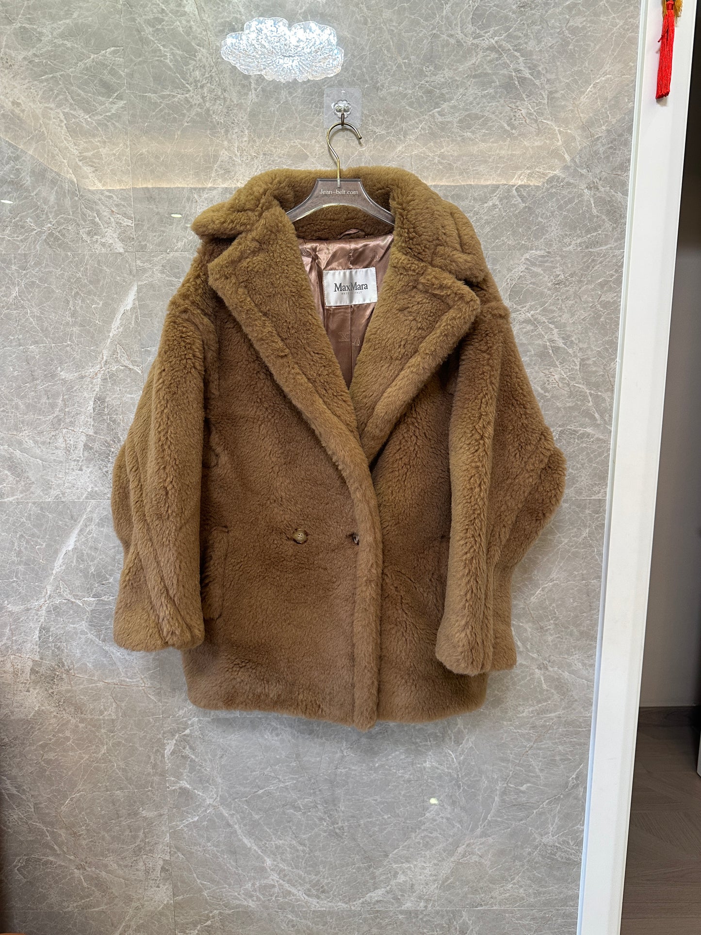 Max Mara Teddy Bear Double-Breasted Faux Fur Coat in Camel
