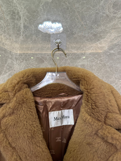 Max Mara Teddy Bear Double-Breasted Faux Fur Coat in Camel
