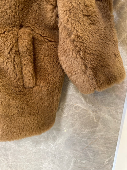 Max Mara Teddy Bear Double-Breasted Faux Fur Coat in Camel
