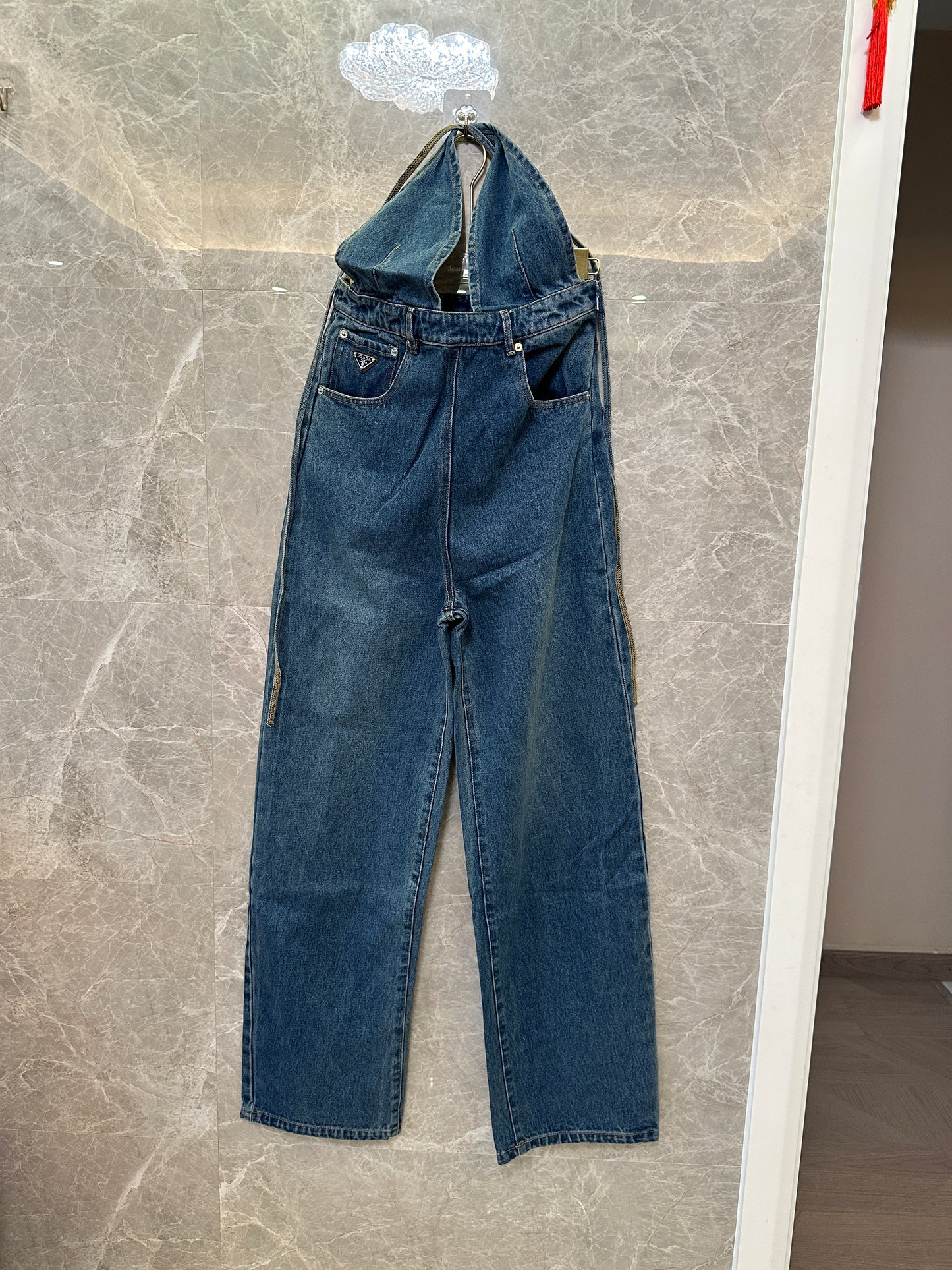 Prada Denim Wigh-Waisted Overalls
